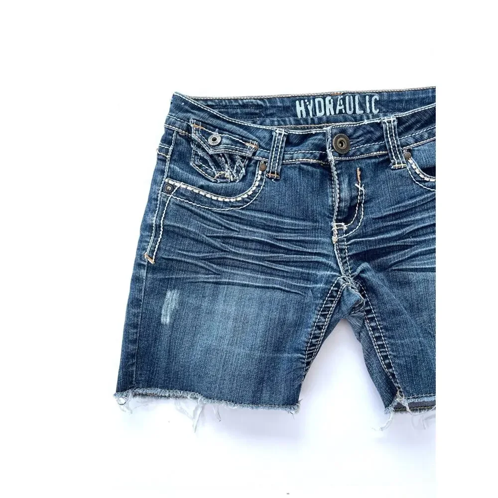 y2K Hydraulic Women's Jean Shorts Embellished Back Flap Pockets White Stitching